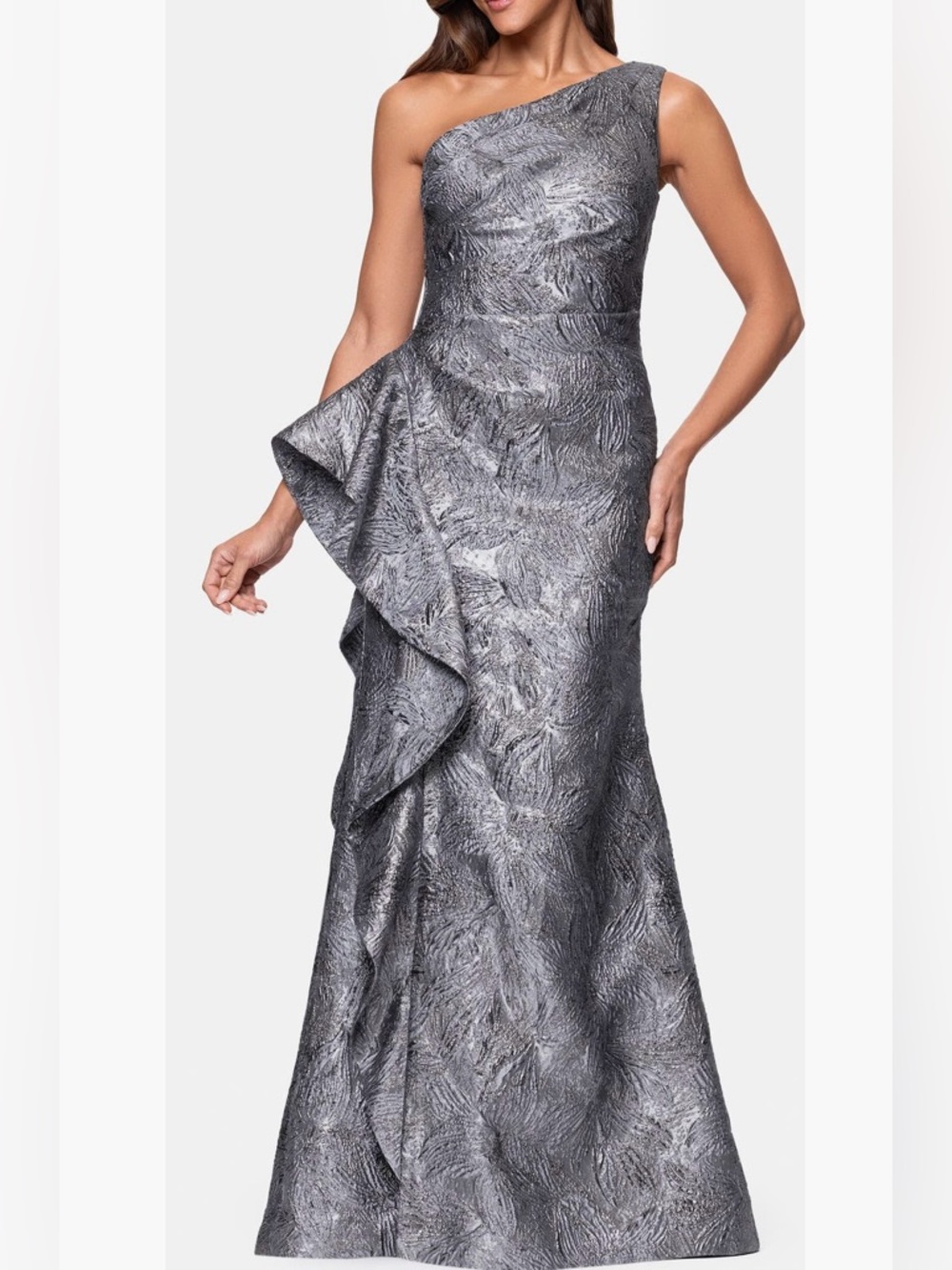Xscape Evening Metallic Ruffle One Shoulder Jacquard Mermaid Gown RC431